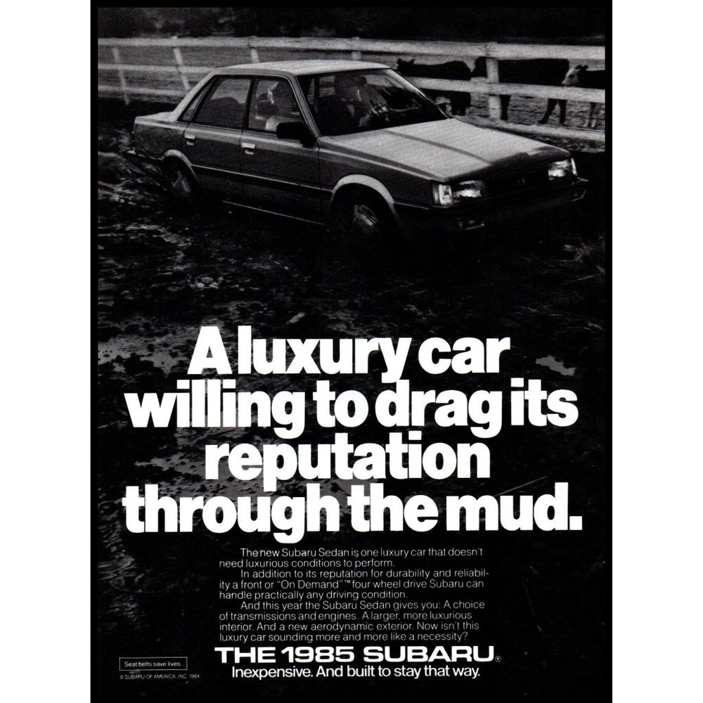 1985 Subaru Sedan Vintage Print Ad Cattle Farm Cows White Fence Mud Wall Art